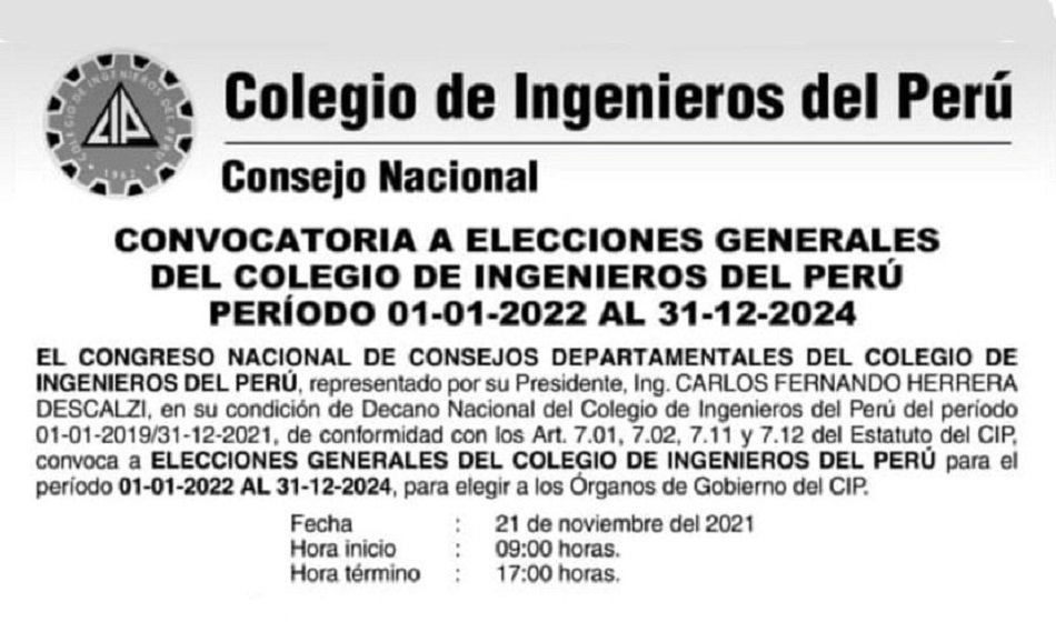 Convocatoria a elecciones del Colegio de Ingenieros del Perú