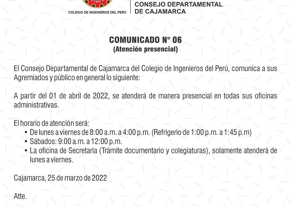 COMUNICADO 6: Atención presencial y nuevo horario