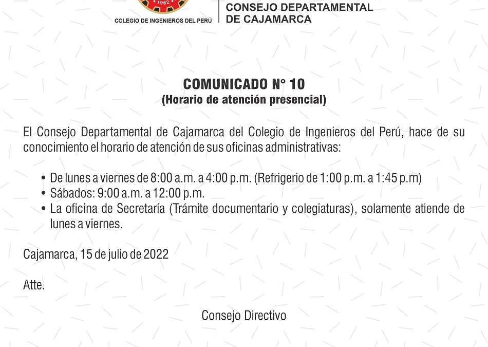 COMUNICADO 10: Horario de atención presencial.