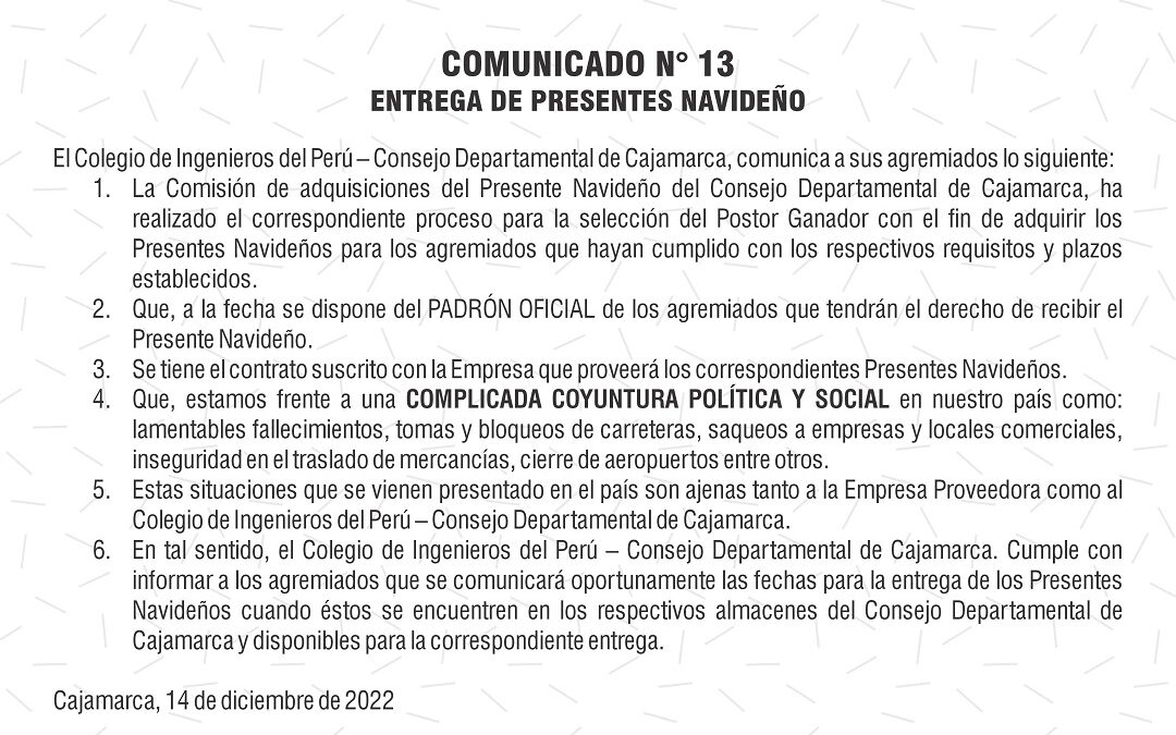 COMUNICADO 13 – Entrega de presentes navideños