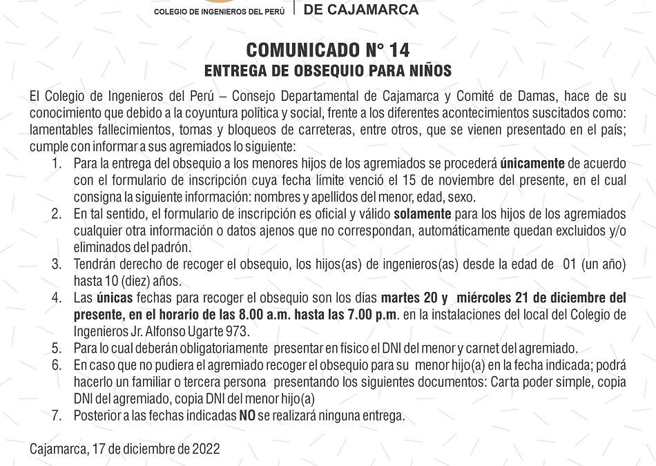 COMUNICADO 14: Entrega de obsequios a niños de los ingenieros