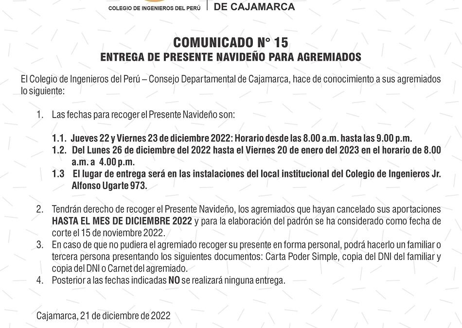 COMUNICADO 15 – Entrega de Presentes Navideños para agremiados