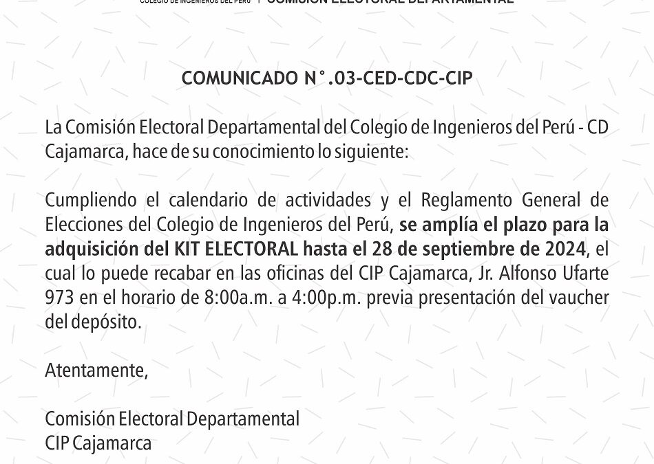 COMUNICADO N° 03-CED-CDC-CIP: Ampliación de venta de Kit Electoral