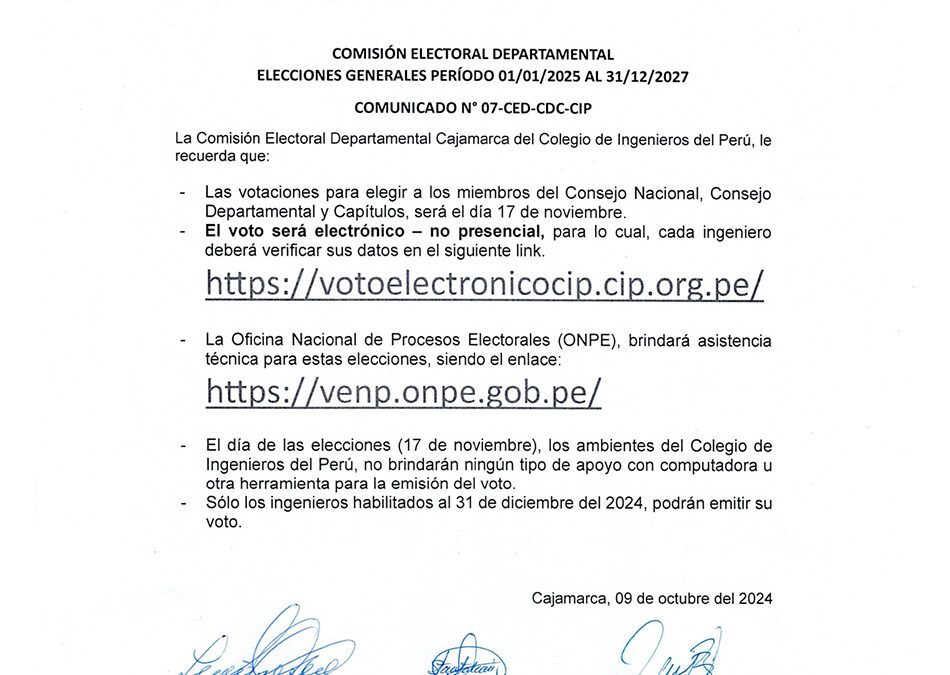 COMUNICADO N° 07-CED-CDC-CIP – Información para el proceso de elecciones generales del CIP