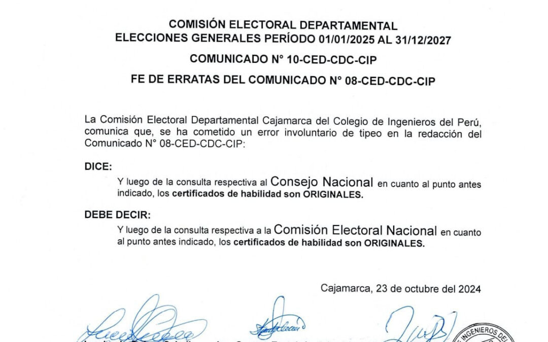 COMUNICADO N° 10-CED-CDC-CIP: Fe de erratas del comunicado N° 08