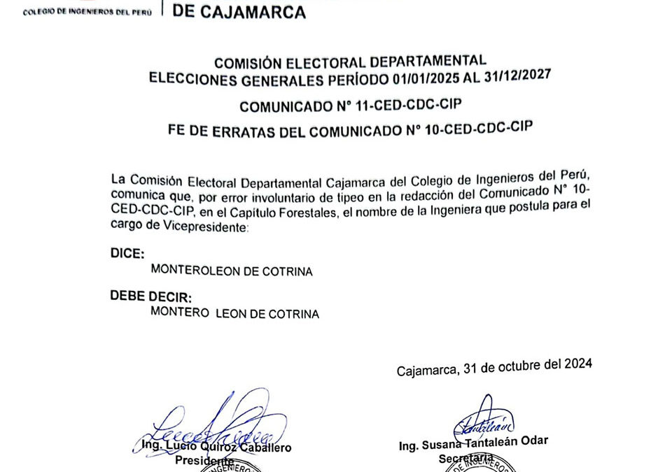 COMUNICADO N° 11-CED-CDC-CIP: Fe de erratas del Comunicado 10