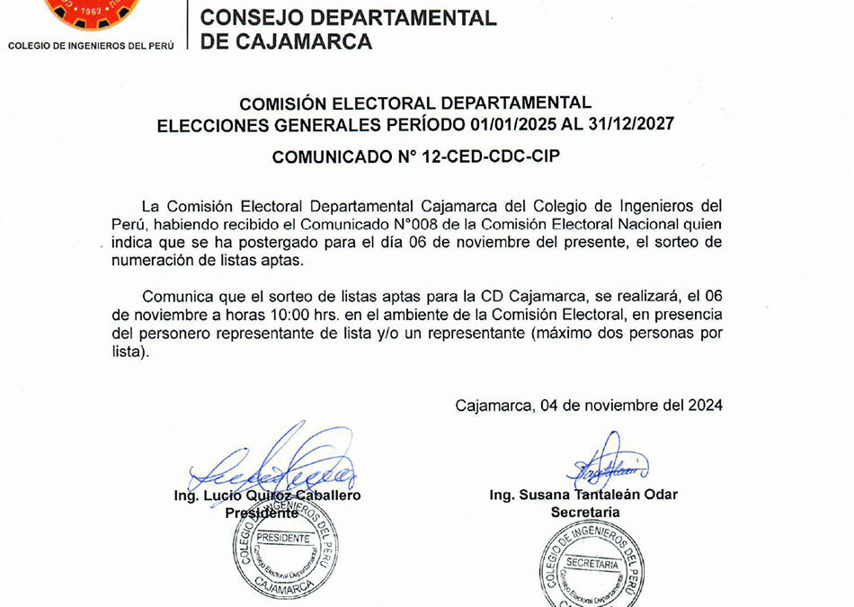 COMUNICADO N° 12-CED-CDC-CIP: Sorteo de listas participantes en las elecciones generales del CIP