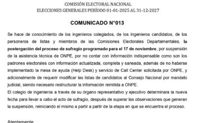 COMUNICADO N° 013 de la Comisión Electoral Nacional del Colegio de Ingenieros del Perú.