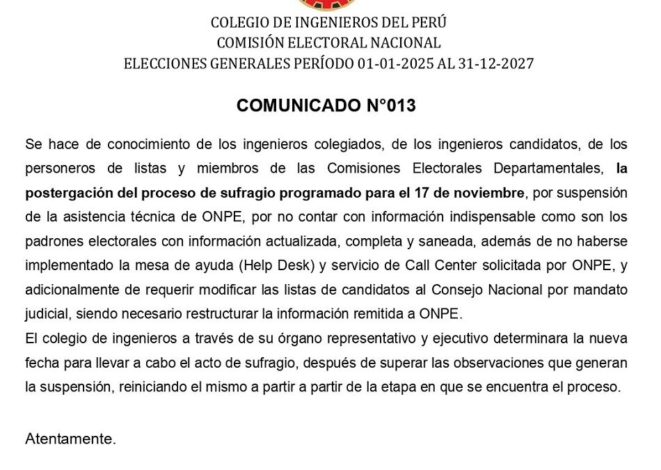 COMUNICADO N° 013 de la Comisión Electoral Nacional del Colegio de Ingenieros del Perú.