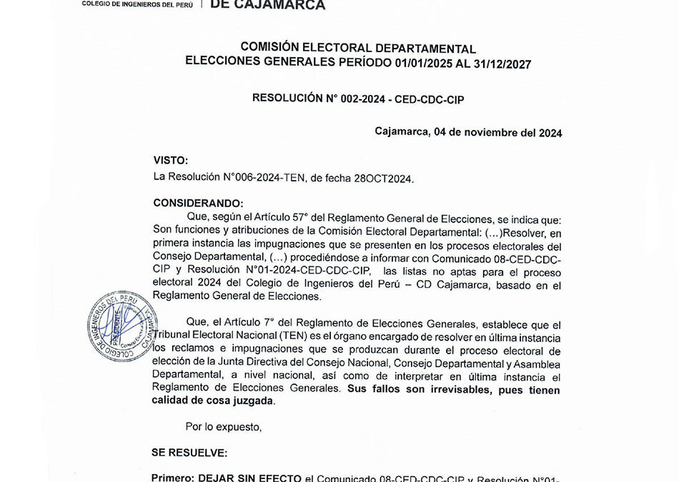 RESOLUCIÓN N° 002-CED-CDC-CIP: Listas admitidas por apelación al Tribunal Nacional Electoral