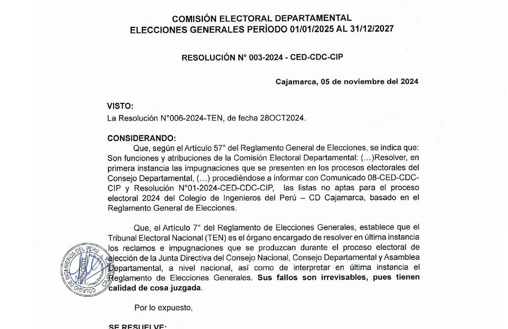 RESOLUCIÓN N° 003-CED-CDC-CIP: Listas admitidas por apelación al Tribunal Nacional Electoral