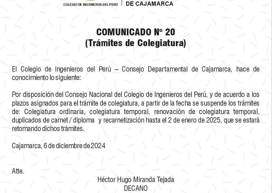 COMUNICADO 20: Trámites de colegiatura