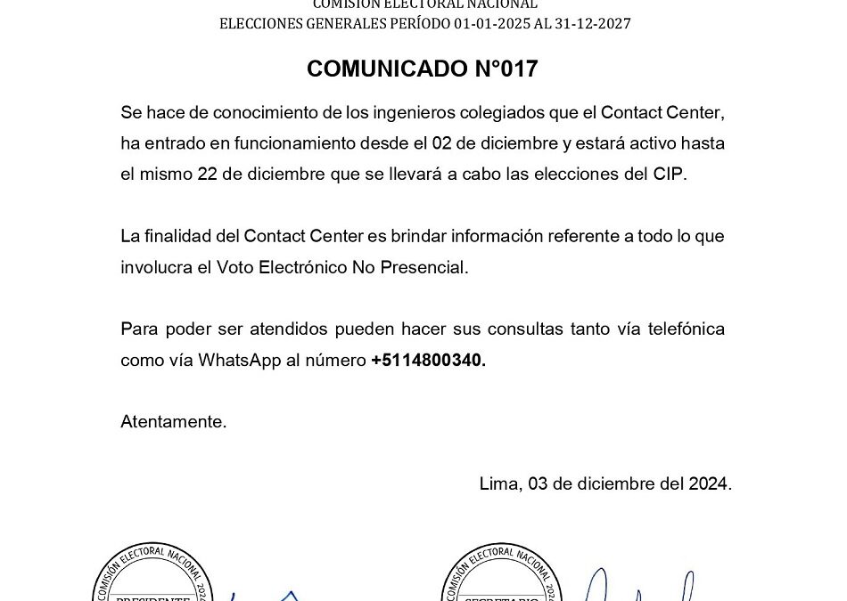 Comunicado N° 17 – Puesta en funcionamiento del Contact Center para el Voto Electrónico No Presencial