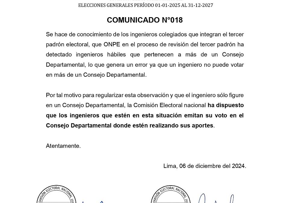 Comunicado N° 18 – Ingenieros que pertenecen a más de una sede Departamental.