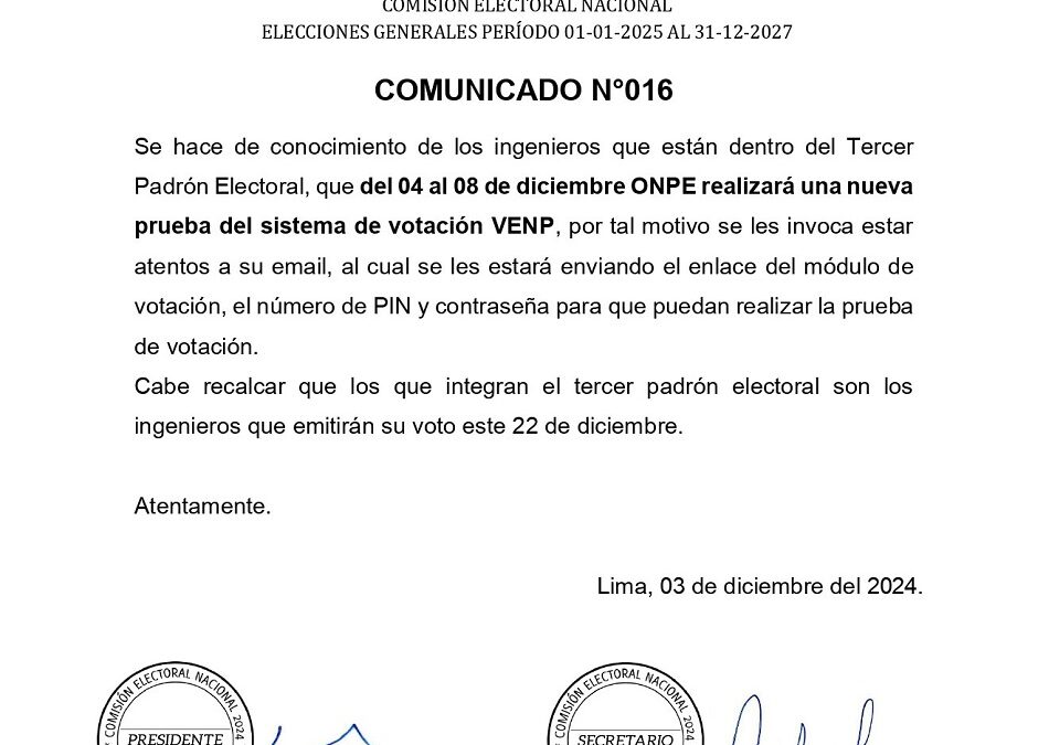 Comunicado N° 16 – ONPE realizará pruebas del sistema de votación VENP.