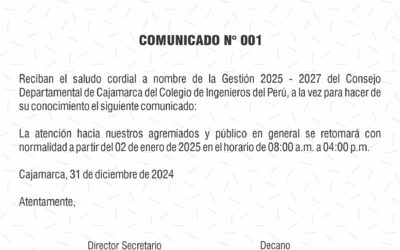 COMUNICADO N° 001: Se retomará la atención el 2 de enero 2025