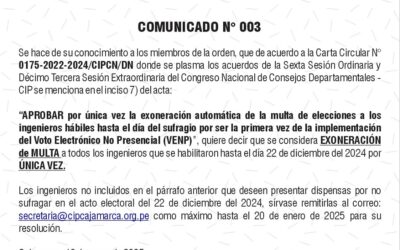 COMUNICADO N° 003: Exoneración de multa por elecciones 2024