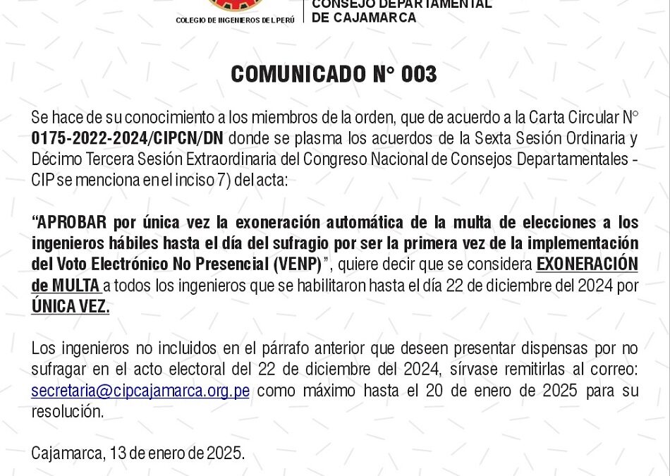 COMUNICADO N° 003: Exoneración de multa por elecciones 2024