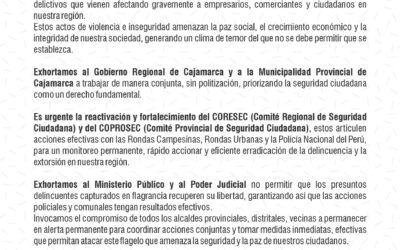 PRONUNCIAMIENTO N° 010-2025: Frente a la ola de extorsión y robos en la ciudad de Cajamarca.